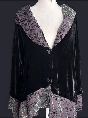 Black Velvet Jacket with Lavender Brocade Trim